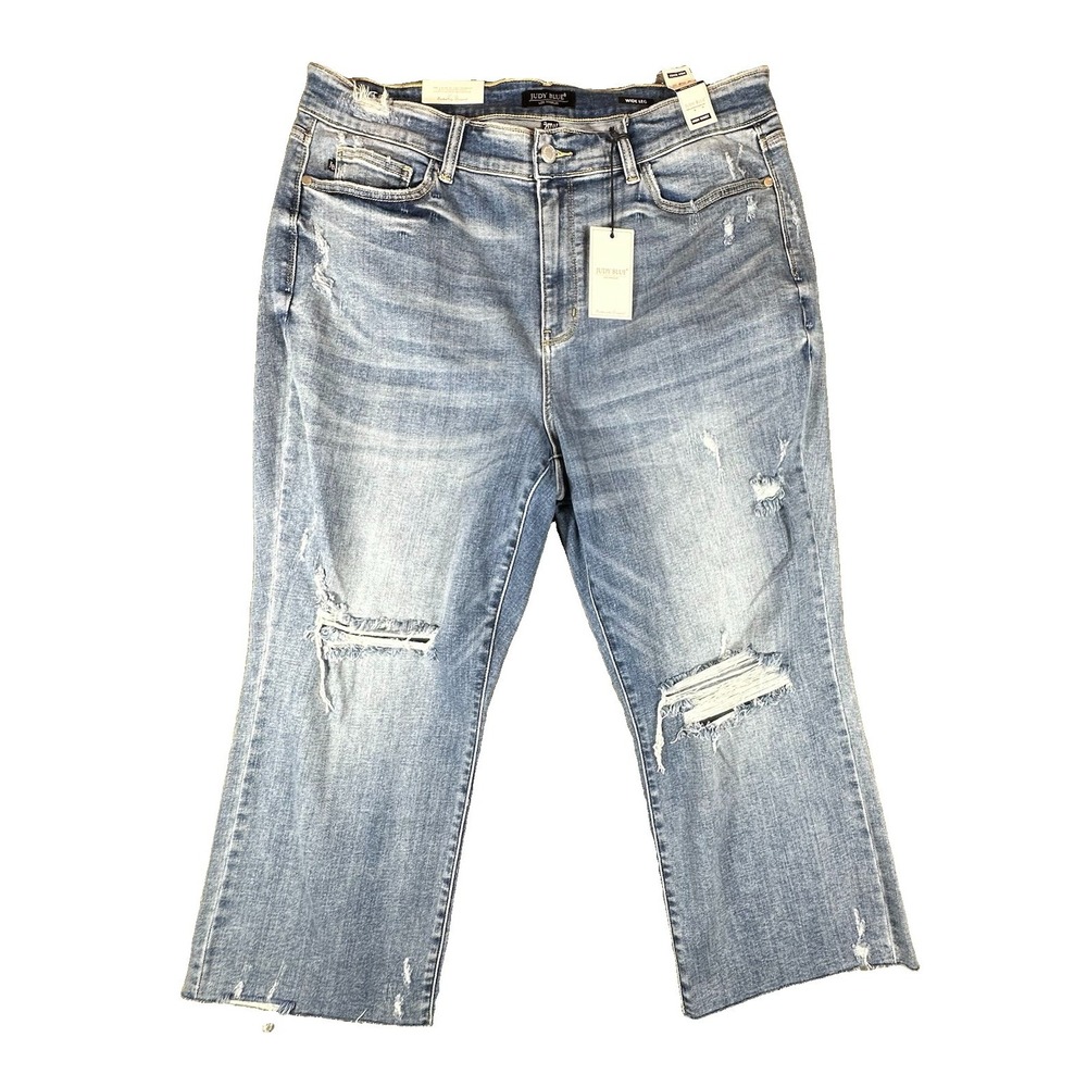 Judy Blue 20W High Rise Wide Leg Cropped Jeans Distressed Frayed Hem Plus Comfy